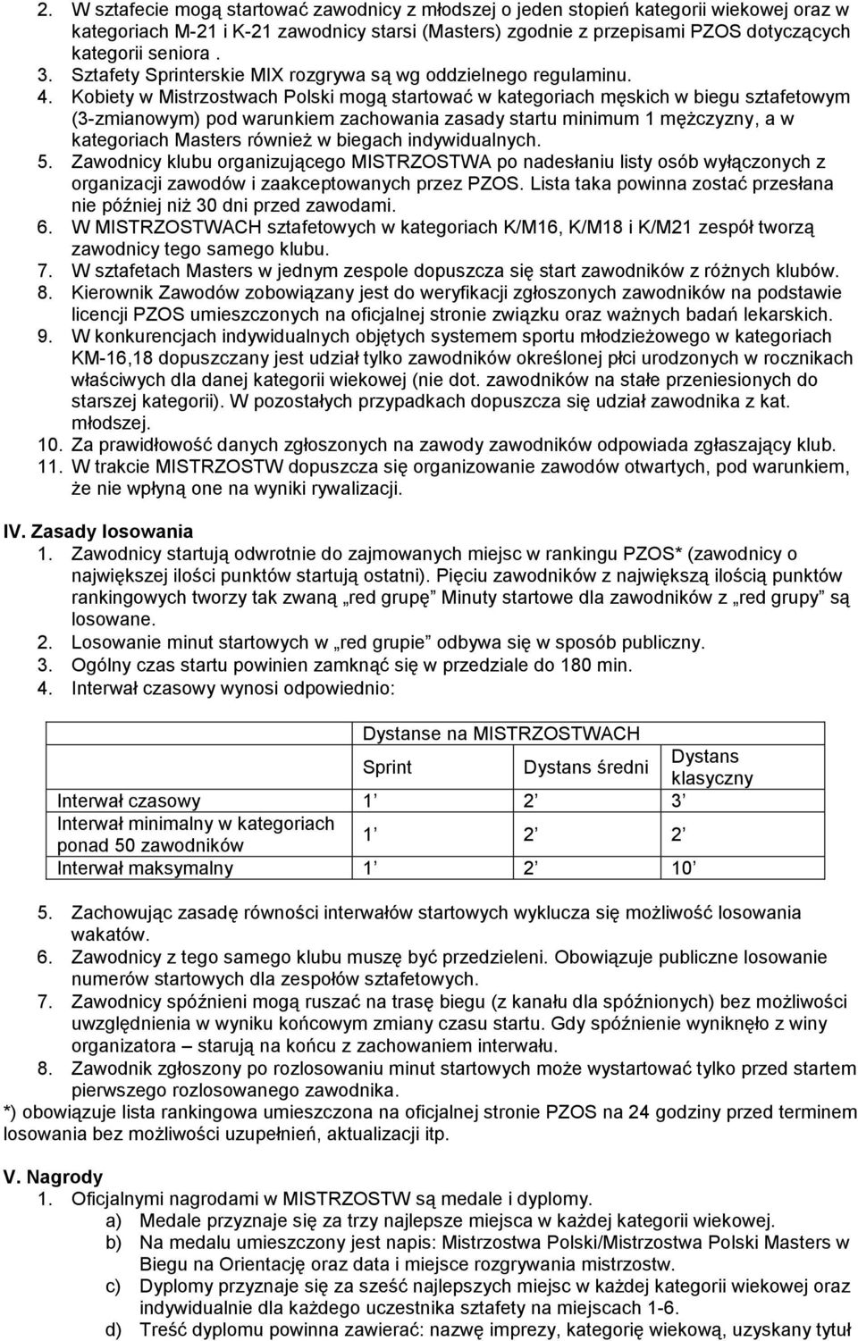 Kobiety w Mistrzostwach Polski mogą startować w kategoriach męskich w biegu sztafetowym (3-zmianowym) pod warunkiem zachowania zasady startu minimum mężczyzny, a w kategoriach Masters również w