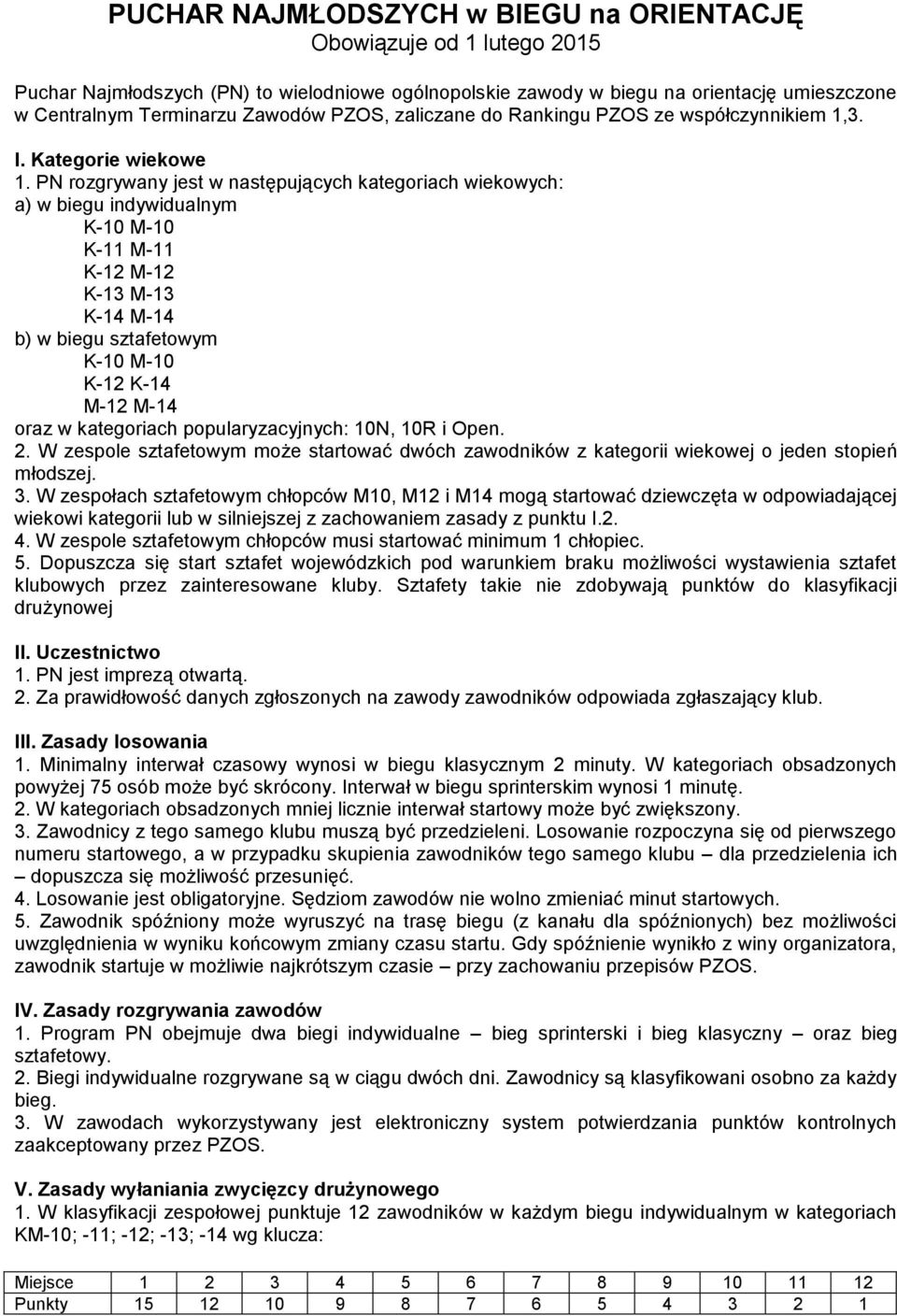 PN rozgrywany jest w następujących kategoriach wiekowych: a) w biegu indywidualnym K-0 M-0 K- M- K-2 M-2 K-3 M-3 K-4 M-4 b) w biegu sztafetowym K-0 M-0 K-2 K-4 M-2 M-4 oraz w kategoriach