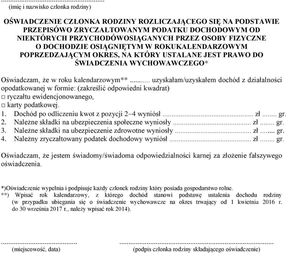 .. uzyskałam/uzyskałem dochód z działalności opodatkowanej w formie: (zakreślić odpowiedni kwadrat) ryczałtu ewidencjonowanego, karty podatkowej. 1. Dochód po odliczeniu kwot z pozycji 2 4 wyniósł.