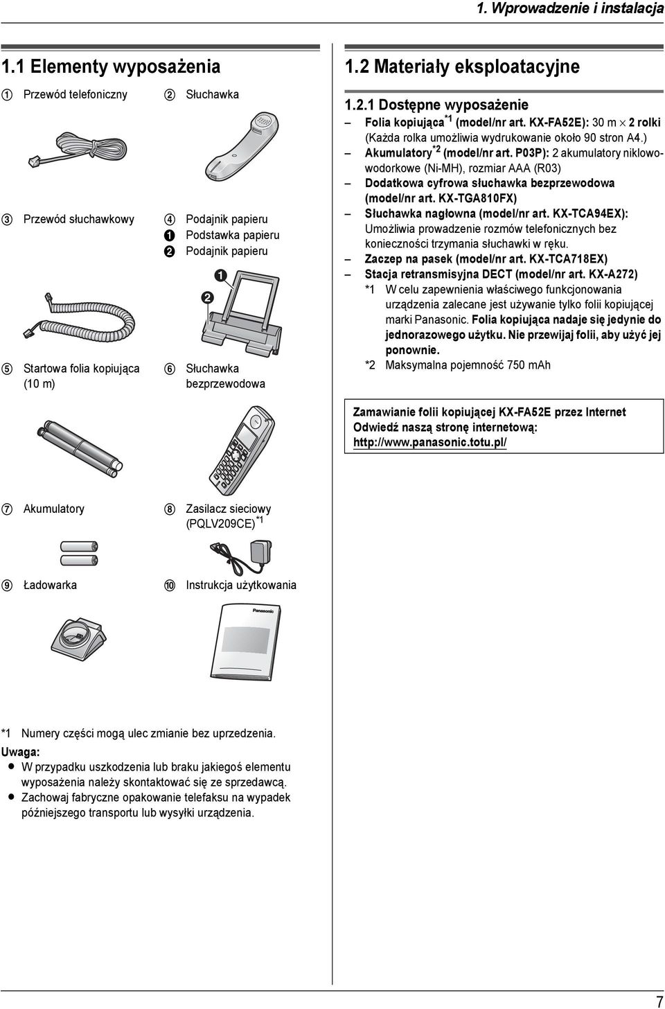 bezprzewodowa 1.2 Materiały eksploatacyjne 1.2.1 Dostępne wyposażenie Folia kopiująca *1 (model/nr art. KX-FA52E): 30 m 2 rolki (Każda rolka umożliwia wydrukowanie około 90 stron A4.