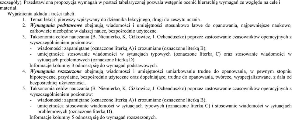 Wymagania podstawowe obejmują wiadomości i umiejętności stosunkowo łatwe do opanowania, najpewniejsze naukowo, całkowicie niezbędne w dalszej nauce, bezpośrednio użyteczne. 3.