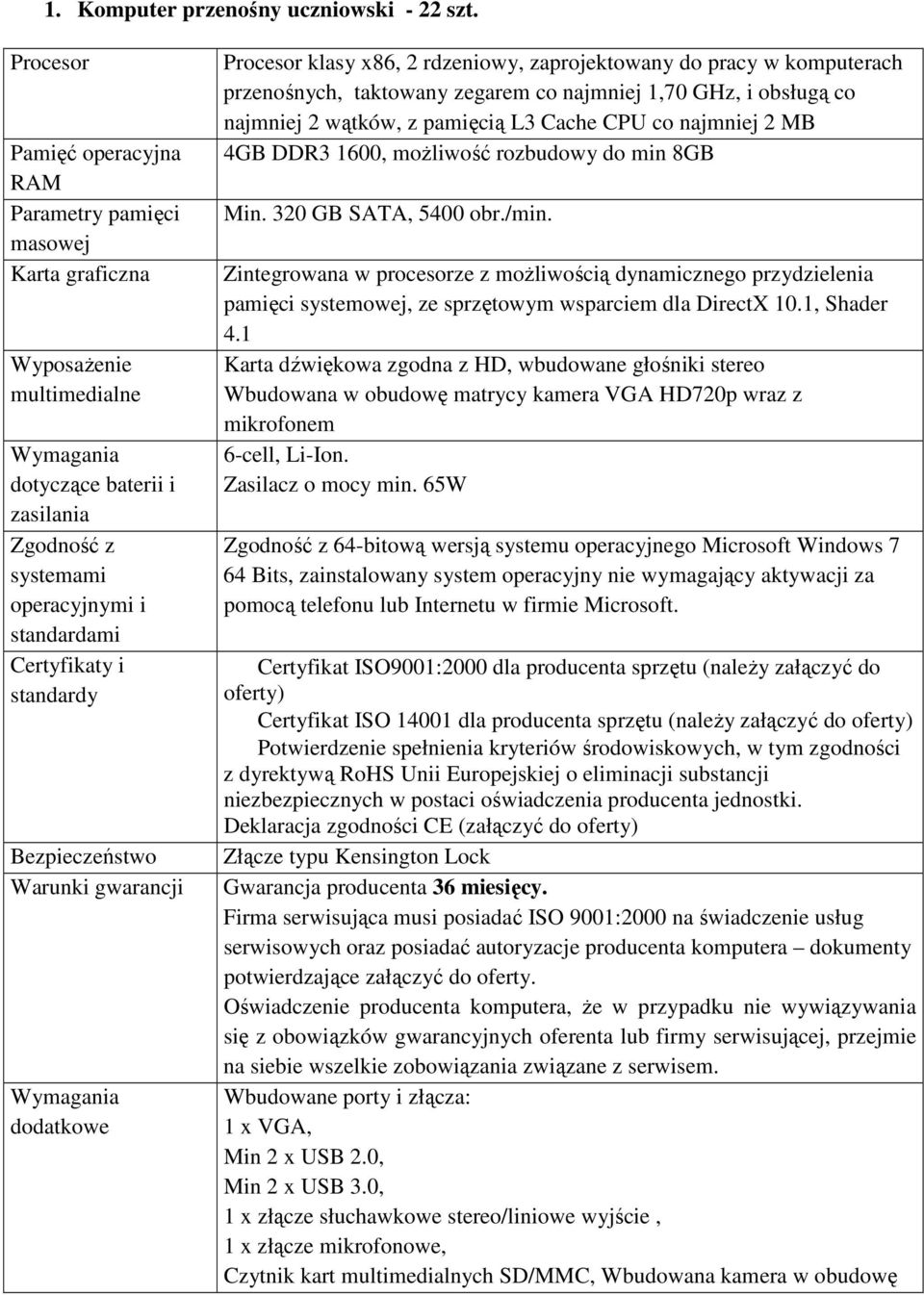 i standardy Bezpieczeństwo Warunki gwarancji Wymagania dodatkowe Procesor klasy x86, 2 rdzeniowy, zaprojektowany do pracy w komputerach przenośnych, taktowany zegarem co najmniej 1,70 GHz, i obsługą