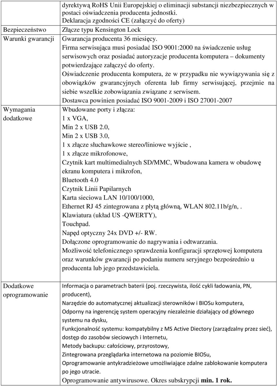 Firma serwisująca musi posiadać ISO 9001:2000 na świadczenie usług serwisowych oraz posiadać autoryzacje producenta komputera dokumenty potwierdzające załączyć do oferty.