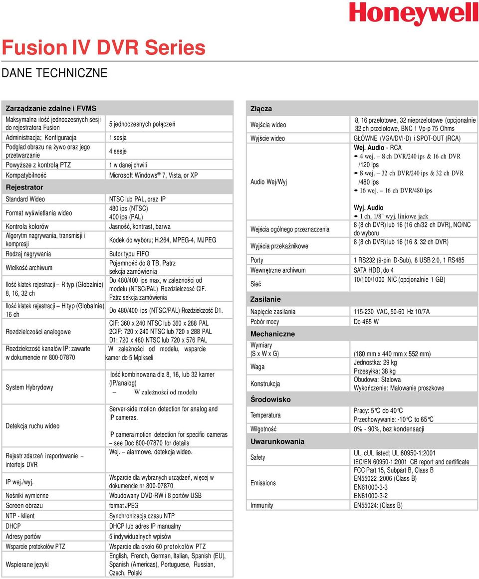 (Globalnie) 8, 16, 32 ch Ilość klatek rejestracji H typ (Globalnie) 16 ch Rozdzielczości analogowe Rozdzielczość kanałów IP: zawarte w dokumencie nr 800-07870 System Hybrydowy Detekcja ruchu wideo