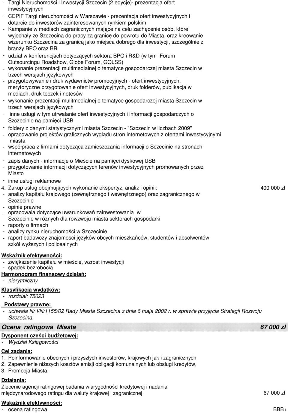 Szczecina za granicą jako miejsca dobrego dla inwestycji, szczególnie z branŝy BPO oraz BR - udział w konferencjach dotyczących sektora BPO i R&D (w tym Forum Outsourcingu Roadshow, Globe Forum,