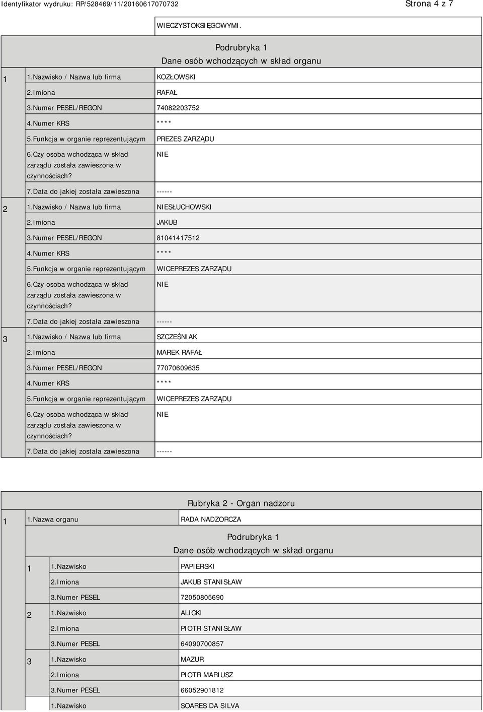 Nazwisko / Nazwa lub firma SŁUCHOWSKI JAKUB 3.Numer PESEL/REGON 81041417512 4.Numer KRS **** 5.Funkcja w organie reprezentującym 6.