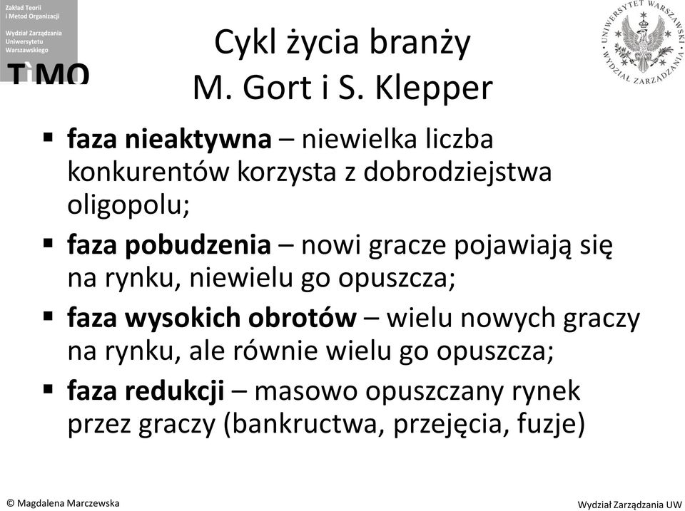 faza pobudzenia nowi gracze pojawiają się na rynku, niewielu go opuszcza; faza wysokich