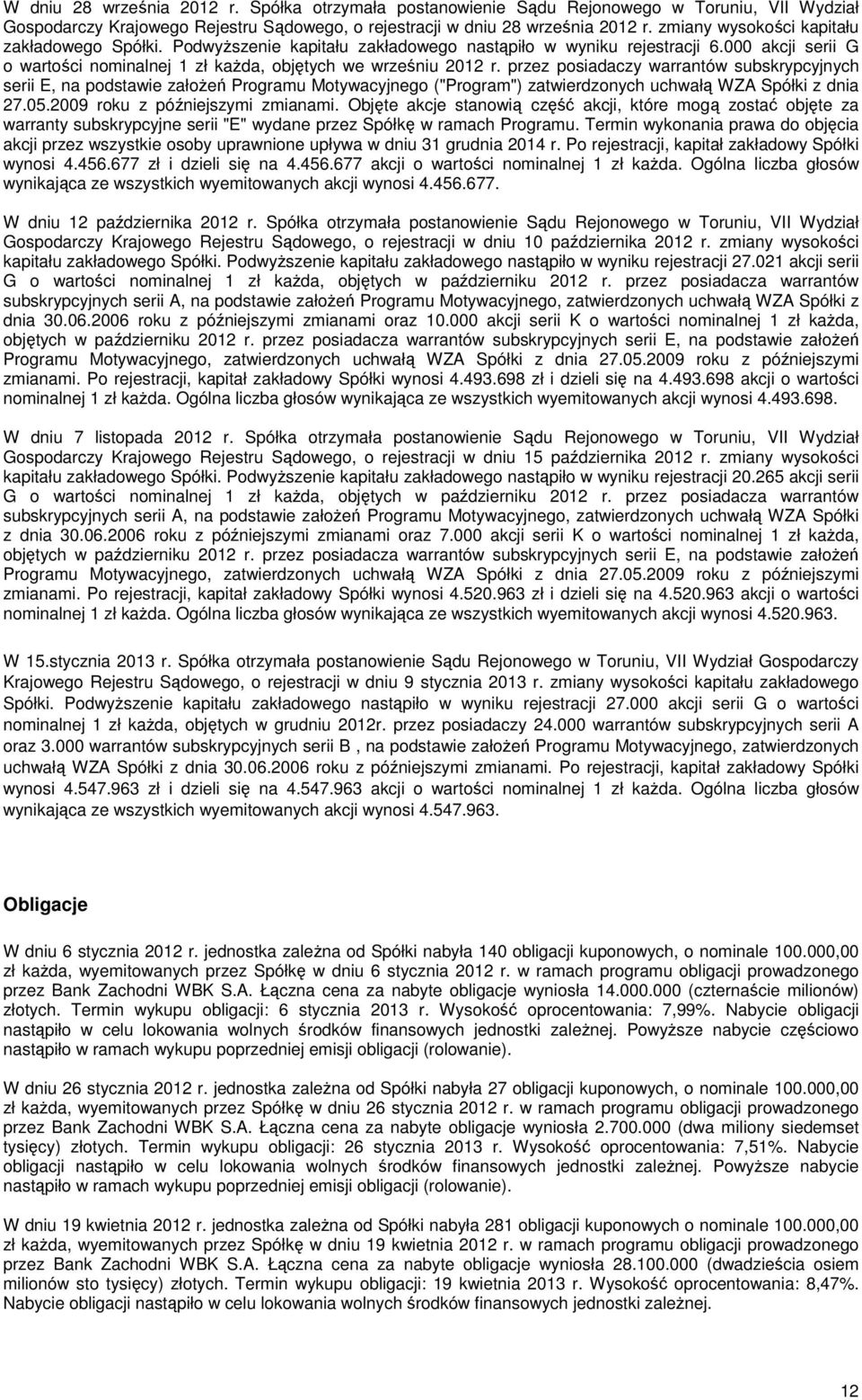 przez posiadaczy warrantów subskrypcyjnych serii E, na podstawie założeń Programu Motywacyjnego ("Program") zatwierdzonych uchwałą WZA Spółki z dnia 27.05.2009 roku z późniejszymi zmianami.