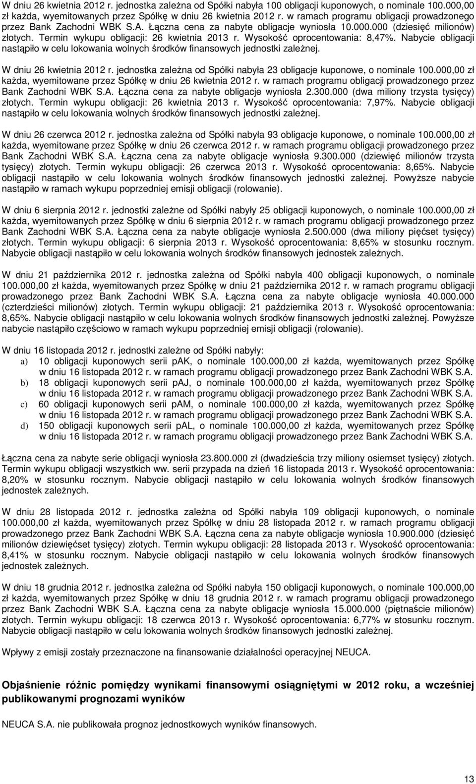 Wysokość oprocentowania: 8,47%. Nabycie obligacji nastąpiło w celu lokowania wolnych środków finansowych jednostki zależnej. W dniu 26 kwietnia 2012 r.