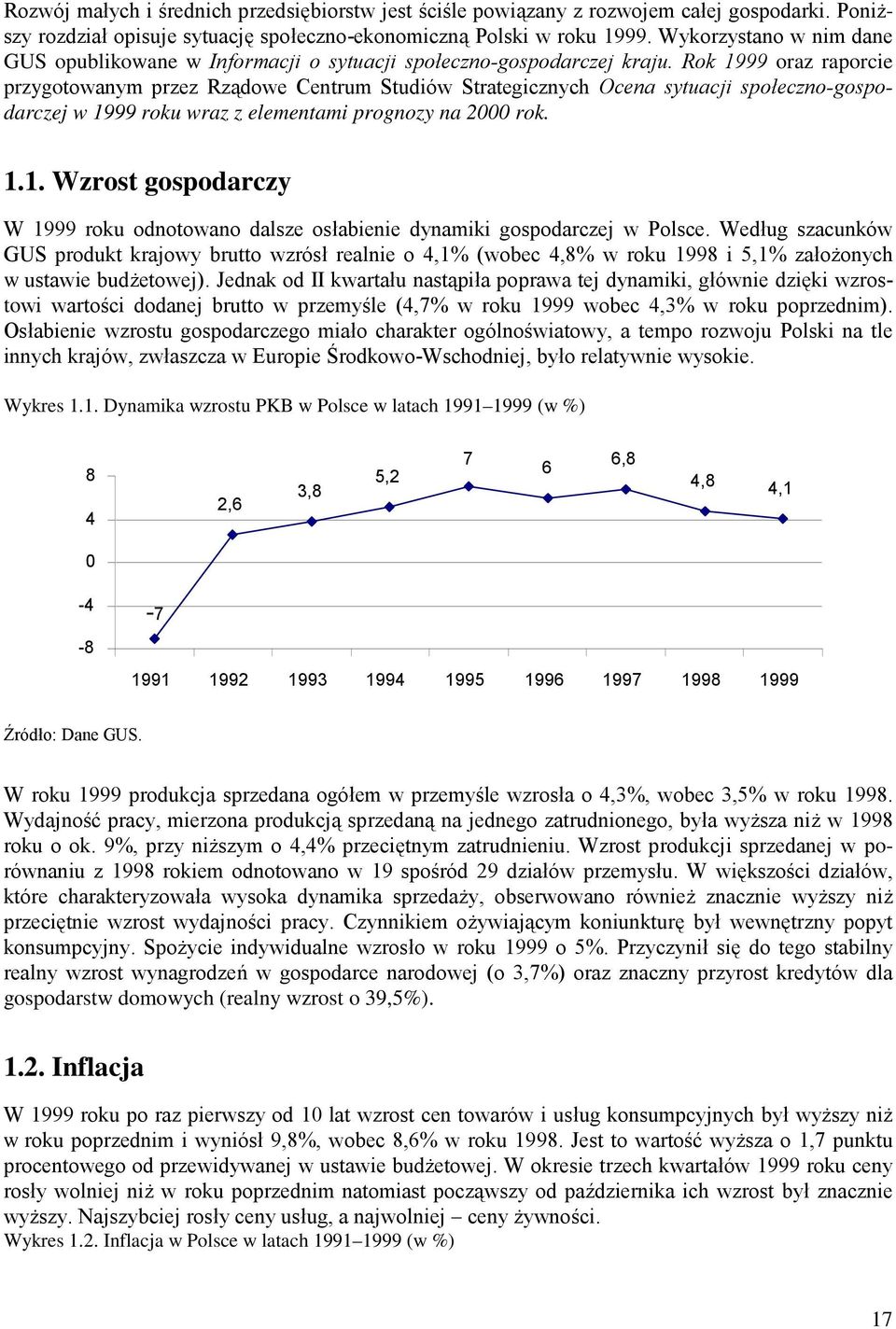 Rok 1999 oraz raporcie przygotowanym przez Rządowe Centrum Studiów Strategicznych Ocena sytuacji społeczno-gospodarczej w 1999 roku wraz z elementami prognozy na 2000 rok. 1.1. Wzrost gospodarczy W 1999 roku odnotowano dalsze osłabienie dynamiki gospodarczej w Polsce.