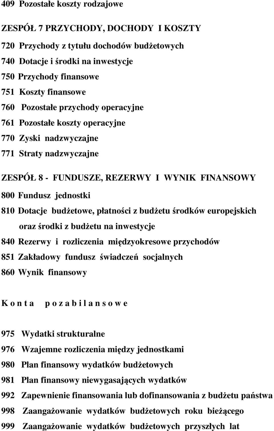 budŝetowe, płatności z budŝetu środków europejskich oraz środki z budŝetu na inwestycje 840 Rezerwy i rozliczenia międzyokresowe przychodów 851 Zakładowy fundusz świadczeń socjalnych 860 Wynik