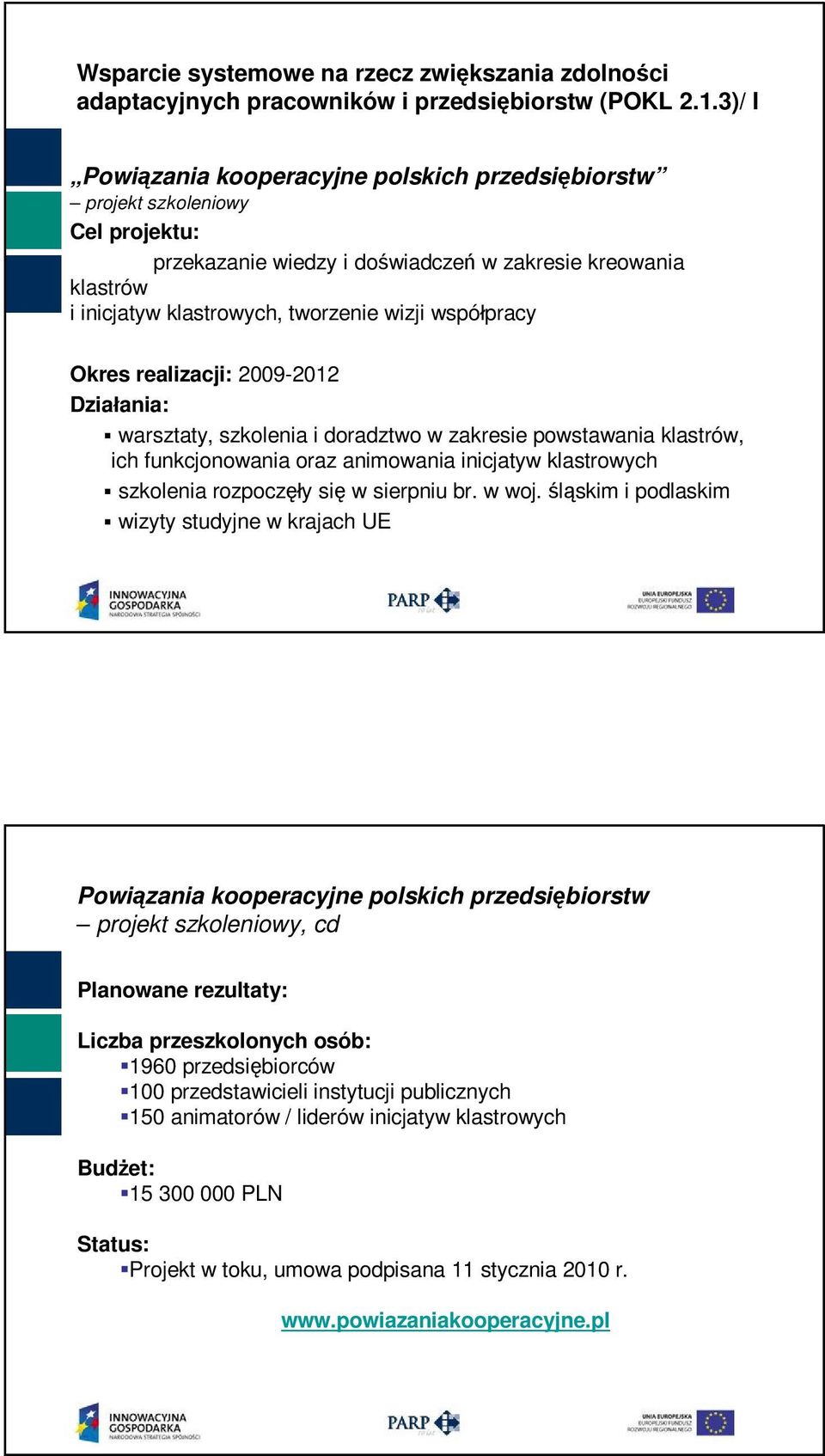 współpracy Okres realizacji: 2009-2012 Działania: warsztaty, szkolenia i doradztwo w zakresie powstawania klastrów, ich funkcjonowania oraz animowania inicjatyw klastrowych szkolenia rozpoczęły się w