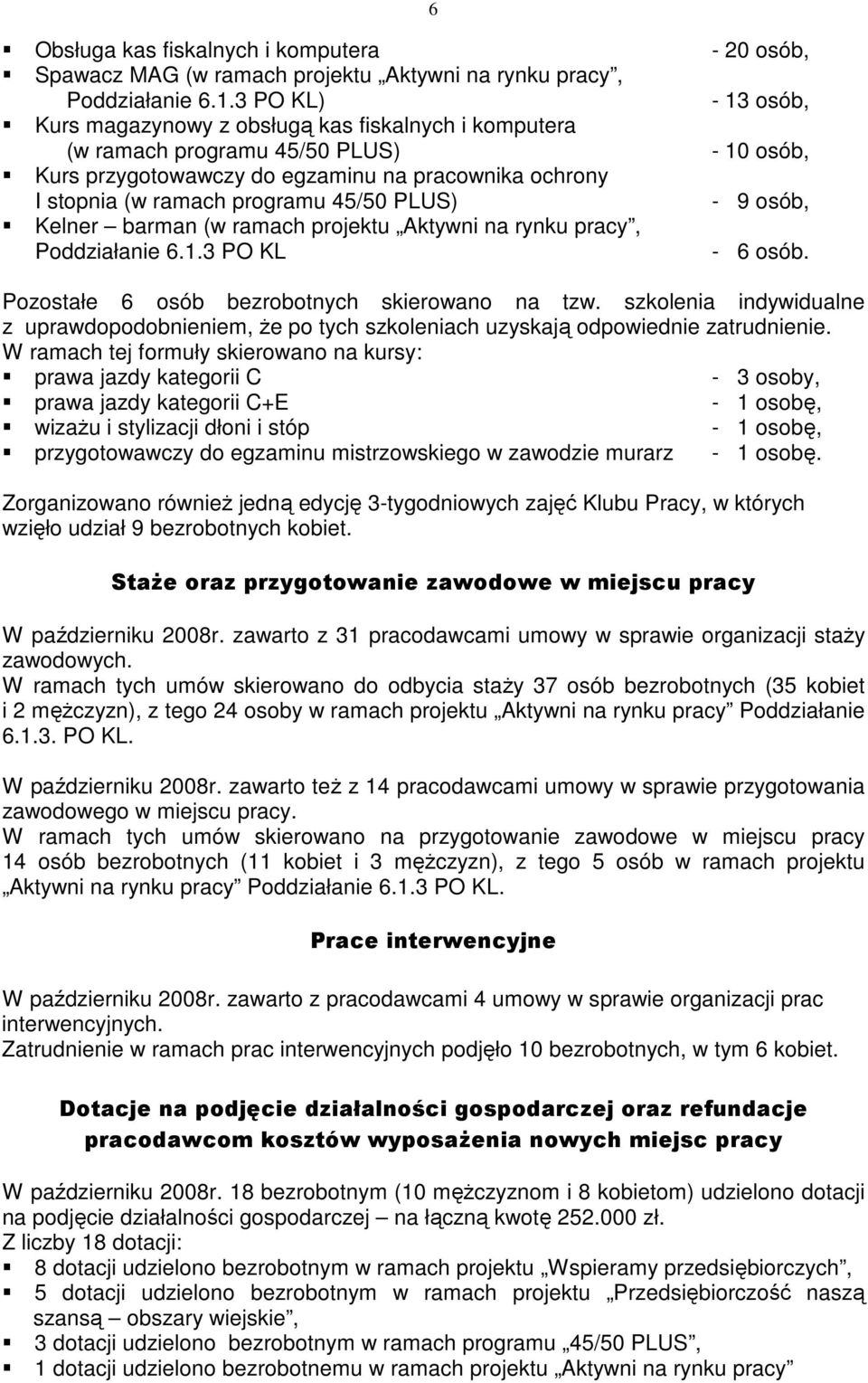 45/50 PLUS) - 9 osób, Kelner barman (w ramach projektu Aktywni na rynku pracy, Poddziałanie 6.1.3 PO KL - 6 osób. 6 Pozostałe 6 osób bezrobotnych skierowano na tzw.