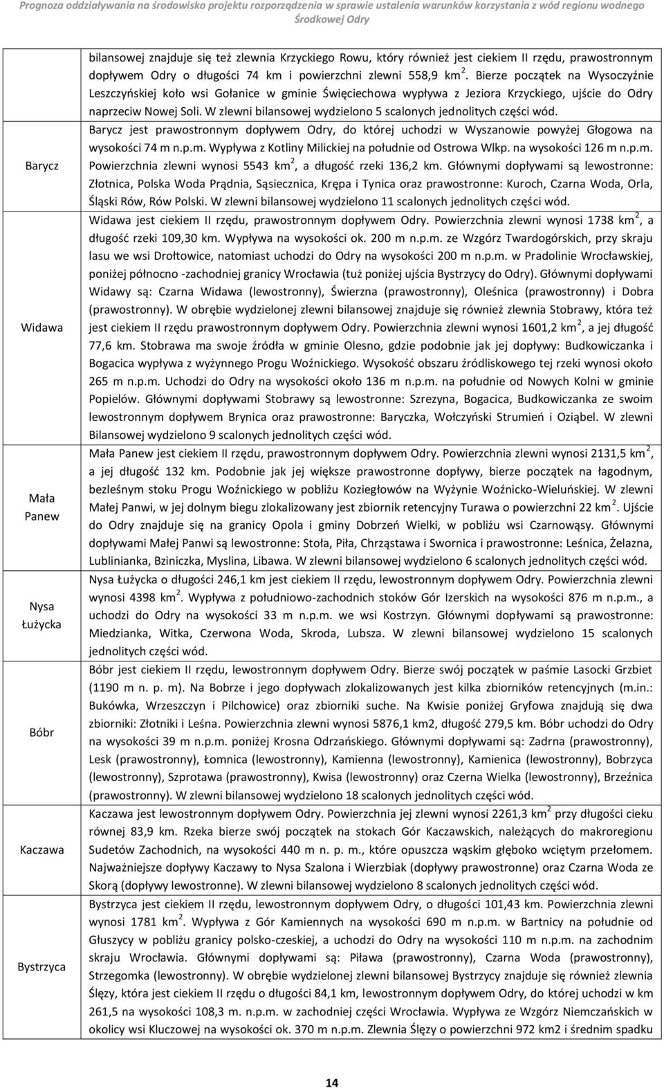 W zlewni bilansowej wydzielono 5 scalonych jednolitych części wód. Barycz jest prawostronnym dopływem Odry, do której uchodzi w Wyszanowie powyżej Głogowa na wysokości 74 m n.p.m. Wypływa z Kotliny Milickiej na południe od Ostrowa Wlkp.