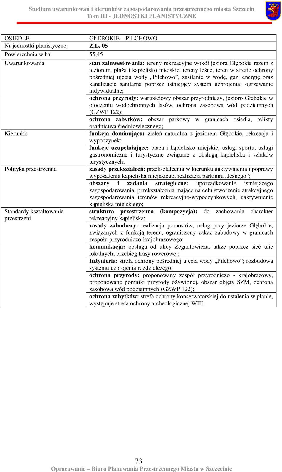 05 Powierzchnia w ha 55,45 stan zainwestowania: tereny rekreacyjne wokół jeziora Głębokie razem z jeziorem, plaŝa i kąpielisko miejskie, tereny leśne, teren w strefie ochrony pośredniej ujęcia wody