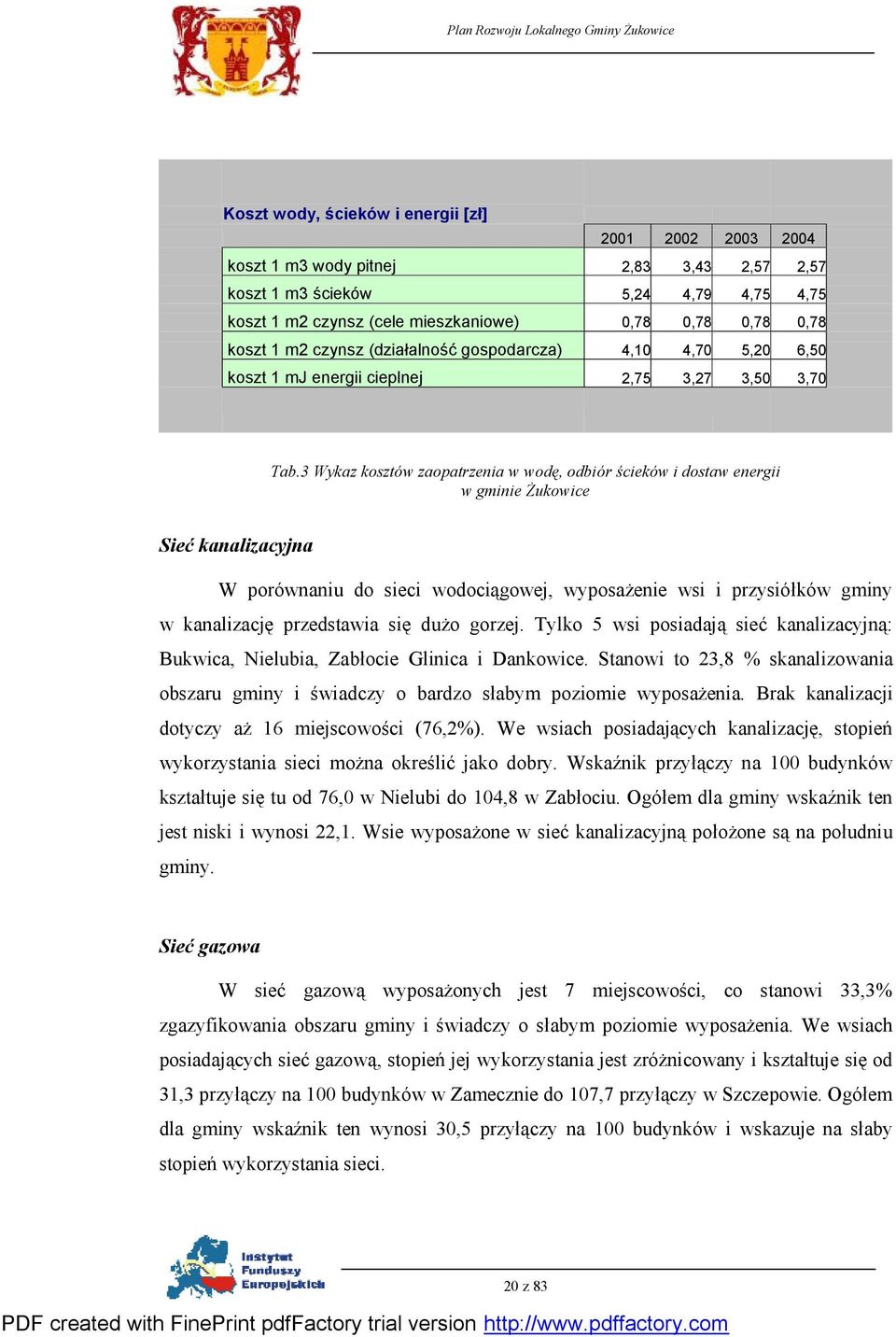 3 Wykaz kosztów zaopatrzenia w wodę, odbiór ścieków i dostaw energii w gminie Żukowice Sieć kanalizacyjna W porównaniu do sieci wodociągowej, wyposażenie wsi i przysiółków gminy w kanalizację