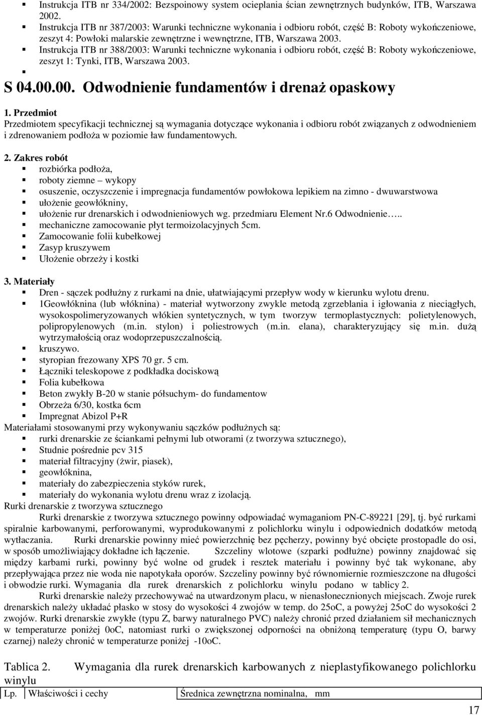 Instrukcja ITB nr 388/2003: Warunki techniczne wykonania i odbioru robót, część B: Roboty wykończeniowe, zeszyt 1: Tynki, ITB, Warszawa 2003. S 04.00.00. Odwodnienie fundamentów i drenaż opaskowy 1.