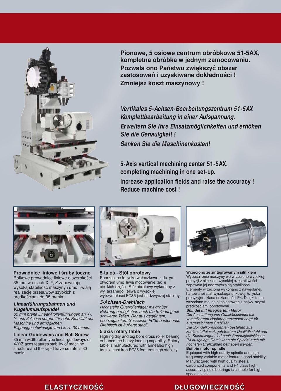 5-Axis vertical machining center 51-5AX, completing machining in one set-up. Increase application fields and raise the accuracy! Reduce machine cost!