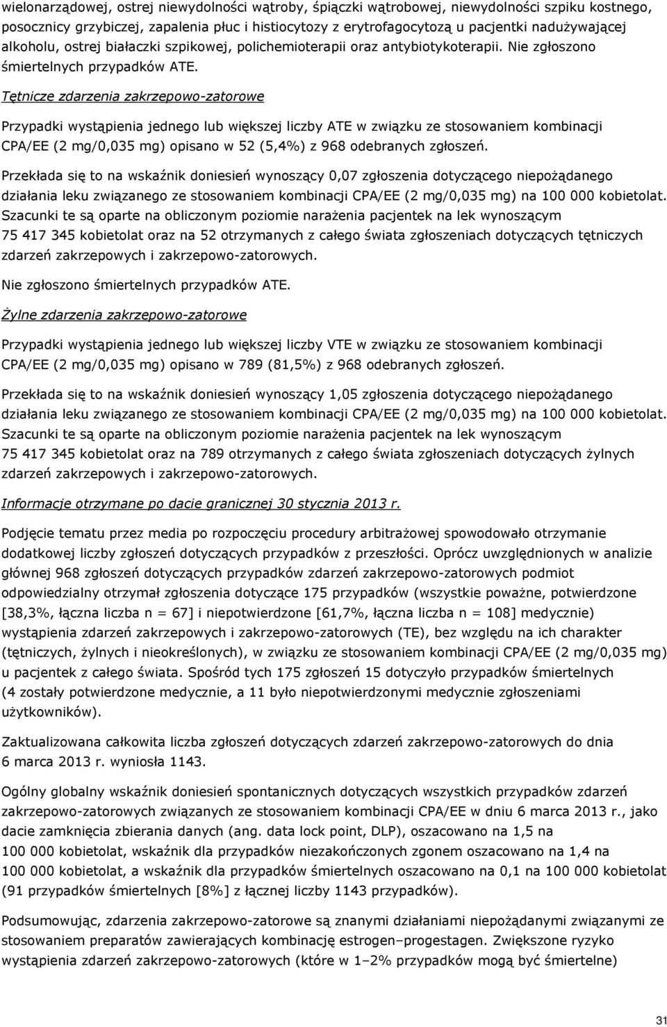 Tętnicze zdarzenia zakrzepowo-zatorowe Przypadki wystąpienia jednego lub większej liczby ATE w związku ze stosowaniem kombinacji CPA/EE (2 mg/0,035 mg) opisano w 52 (5,4%) z 968 odebranych zgłoszeń.