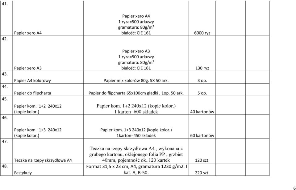 Papier do flipcharta Papier do flipcharta 65x100cm gładki, 1op. 50 ark. 5 op. Papier kom. 1+2 240x12 (kopie kolor.) Papier kom. 1+2 240x12 (kopie kolor.) 1 karton=600 składek 40 kartonów 47. 48.