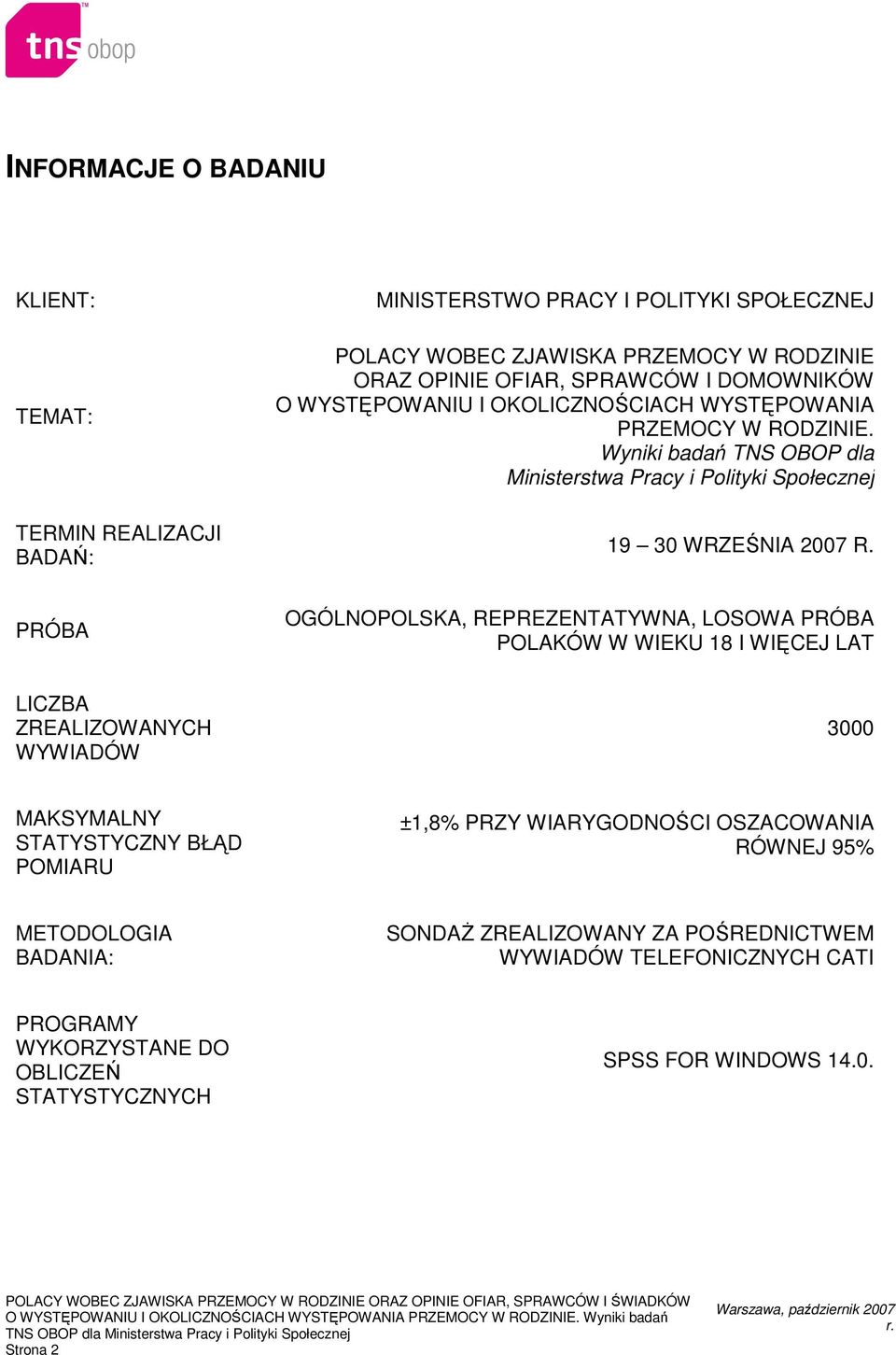 PRÓBA OGÓLNOPOLSKA, REPREZENTATYWNA, LOSOWA PRÓBA POLAKÓW W WIEKU 18 I WIĘCEJ LAT LICZBA ZREALIZOWANYCH WYWIADÓW 3000 MAKSYMALNY STATYSTYCZNY BŁĄD POMIARU ±1,8% PRZY WIARYGODNOŚCI OSZACOWANIA RÓWNEJ