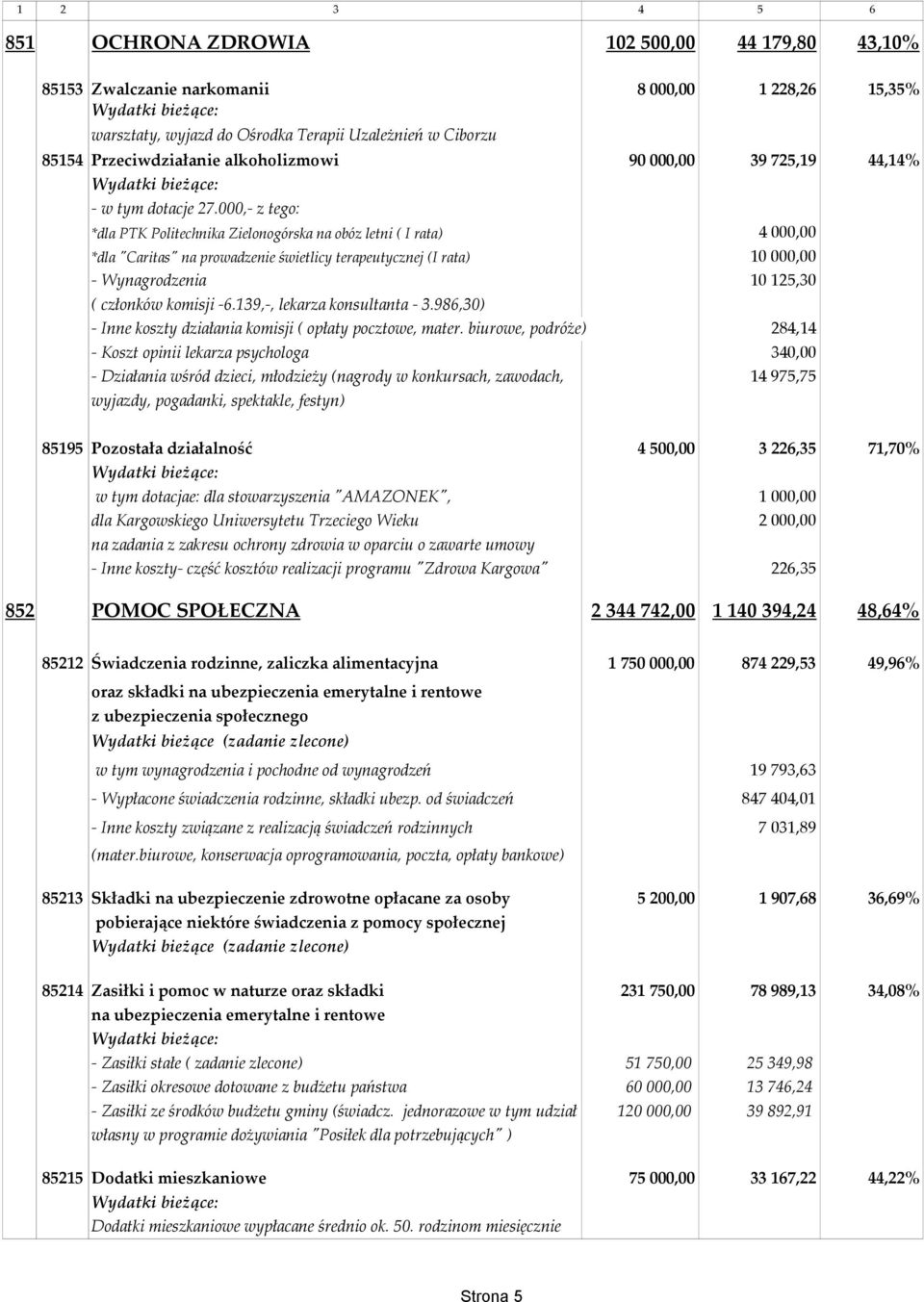 000,- z tego: *dla PTK Politechnika Zielonogórska na obóz letni ( I rata) 4 000,00 *dla"caritas" na prowadzenie świetlicy terapeutycznej (I rata) 10000,00 - Wynagrodzenia 10125,30 ( członków komisji