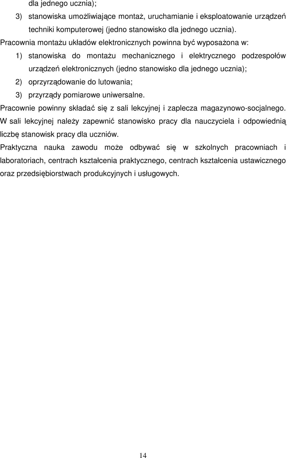 2) oprzyrządowanie do lutowania; 3) przyrządy pomiarowe uniwersalne. Pracownie powinny składać się z sali lekcyjnej i zaplecza magazynowo-socjalnego.