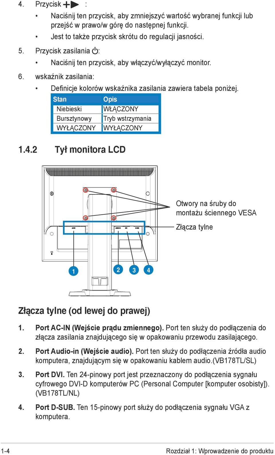 2 Tył monitora LCD Opis WŁĄCZONY Tryb wstrzymania WYŁĄCZONY Otwory na śruby do montażu ściennego VESA Złącza tylne 1 2 3 4 Złącza tylne (od lewej do prawej) 1. Port AC-IN (Wejście prądu zmiennego).