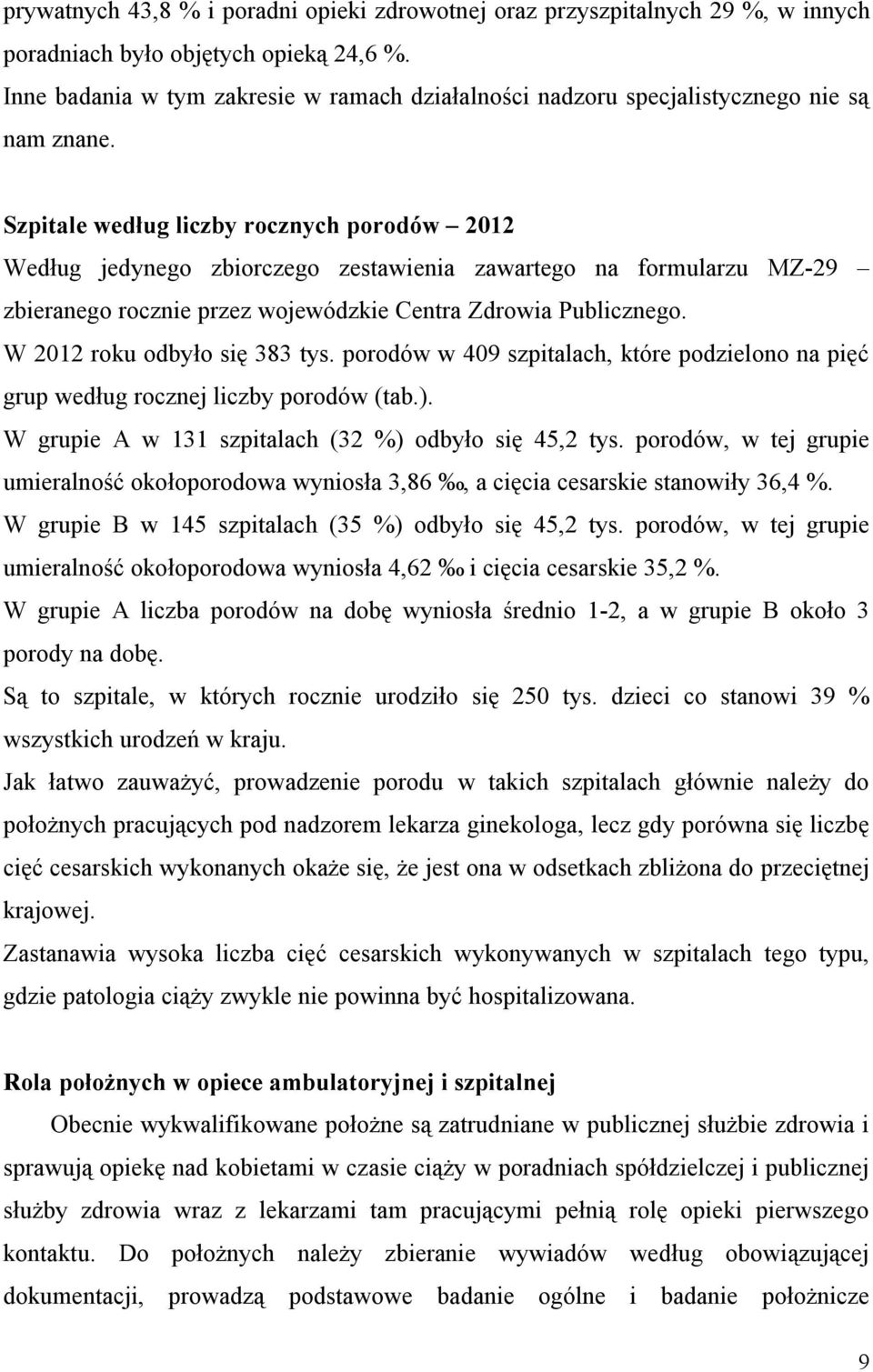 Szpitale według liczby rocznych porodów 2012 Według jedynego zbiorczego zestawienia zawartego na formularzu MZ-29 zbieranego rocznie przez wojewódzkie Centra Zdrowia Publicznego.