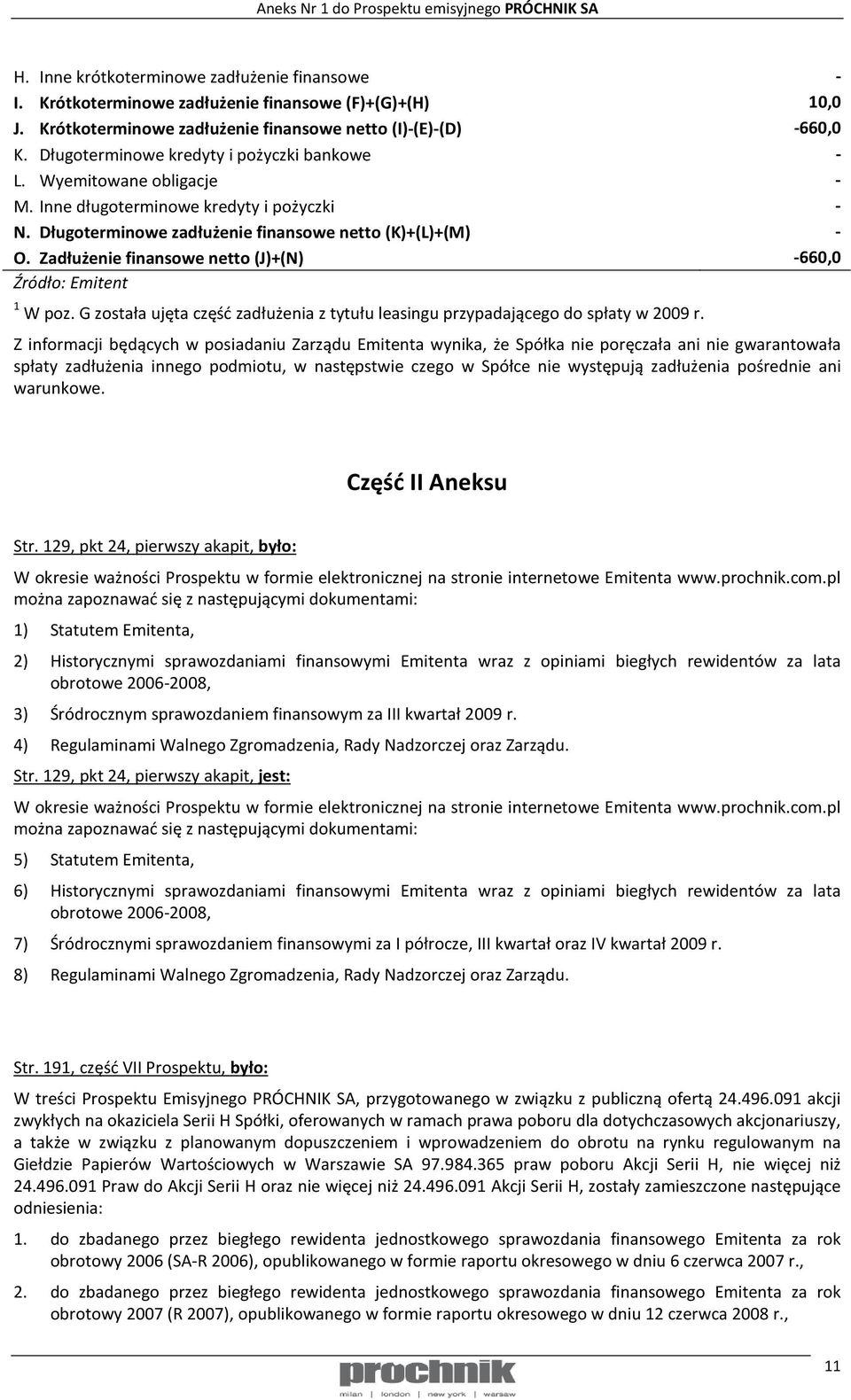 Zadłużenie finansowe netto (J)+(N) -660,0 1 W poz. G została ujęta część zadłużenia z tytułu leasingu przypadającego do spłaty w 2009 r.