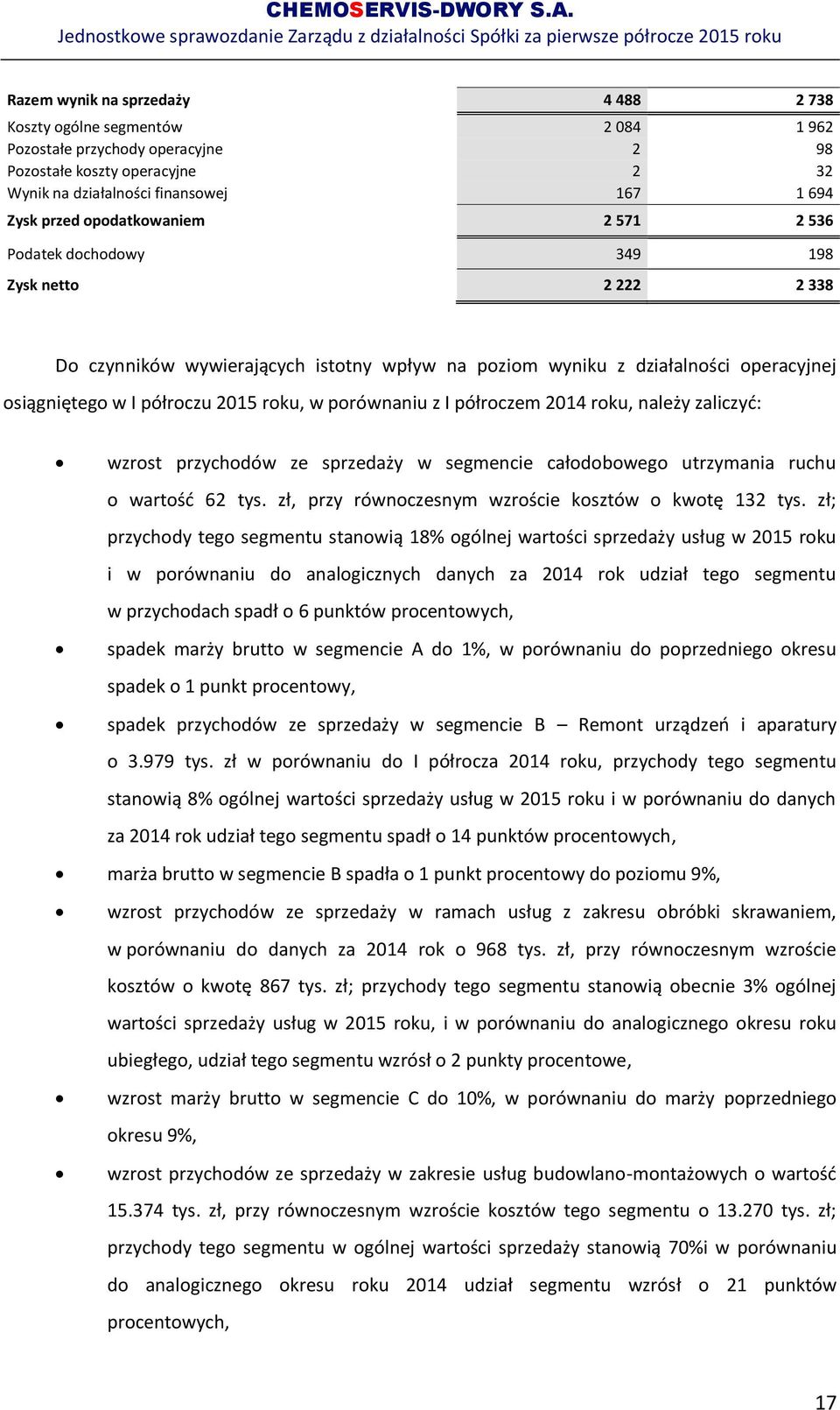 porównaniu z I półroczem 2014 roku, należy zaliczyć: wzrost przychodów ze sprzedaży w segmencie całodobowego utrzymania ruchu o wartość 62 tys. zł, przy równoczesnym wzroście kosztów o kwotę 132 tys.