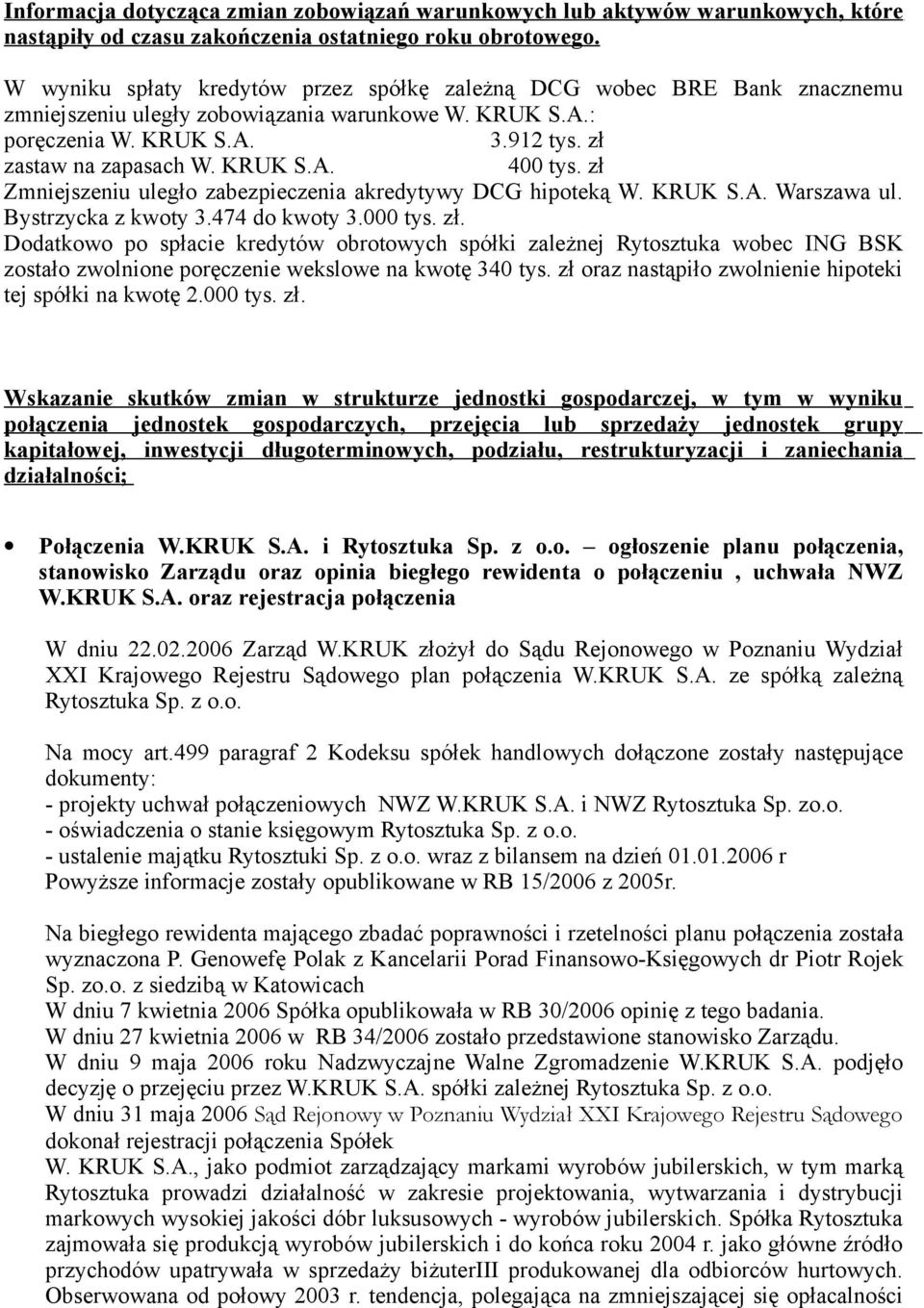 zł Zmniejszeniu uległo zabezpieczenia akredytywy DCG hipoteką Warszawa ul. Bystrzycka z kwoty 3.474 do kwoty 3.000 tys. zł.