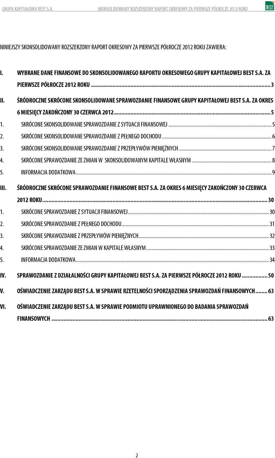 ŚRÓDROCZNE SKRÓCONE SKONSOLIDOWANE SPRAWOZDANIE FINANSOWE GRUPY KAPITAŁOWEJ BEST S.A. ZA OKRES 6 MIESIĘCY ZAKOŃCZONY 3 CZERWCA 212... 5 1. SKRÓCONE SKONSOLIDOWANE SPRAWOZDANIE Z SYTUACJI FINANSOWEJ.