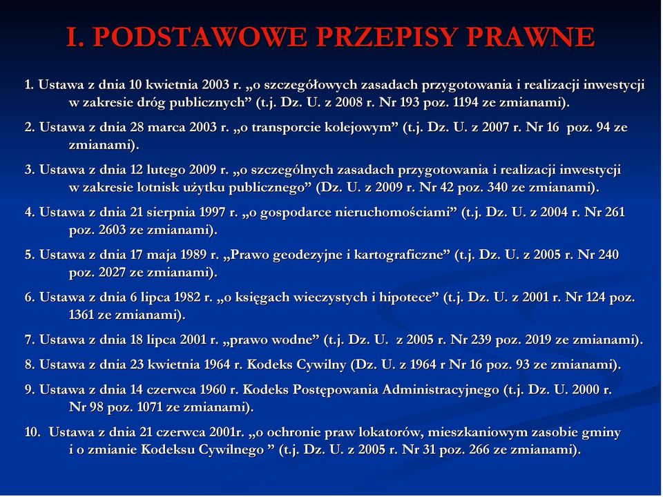 o szczególnych zasadach przygotowania i realizacji inwestycji w zakresie lotnisk użytku publicznego (Dz. U. z 2009 r. Nr 42 poz. 340 ze zmianami). 4. Ustawa z dnia 21 sierpnia 1997 r.