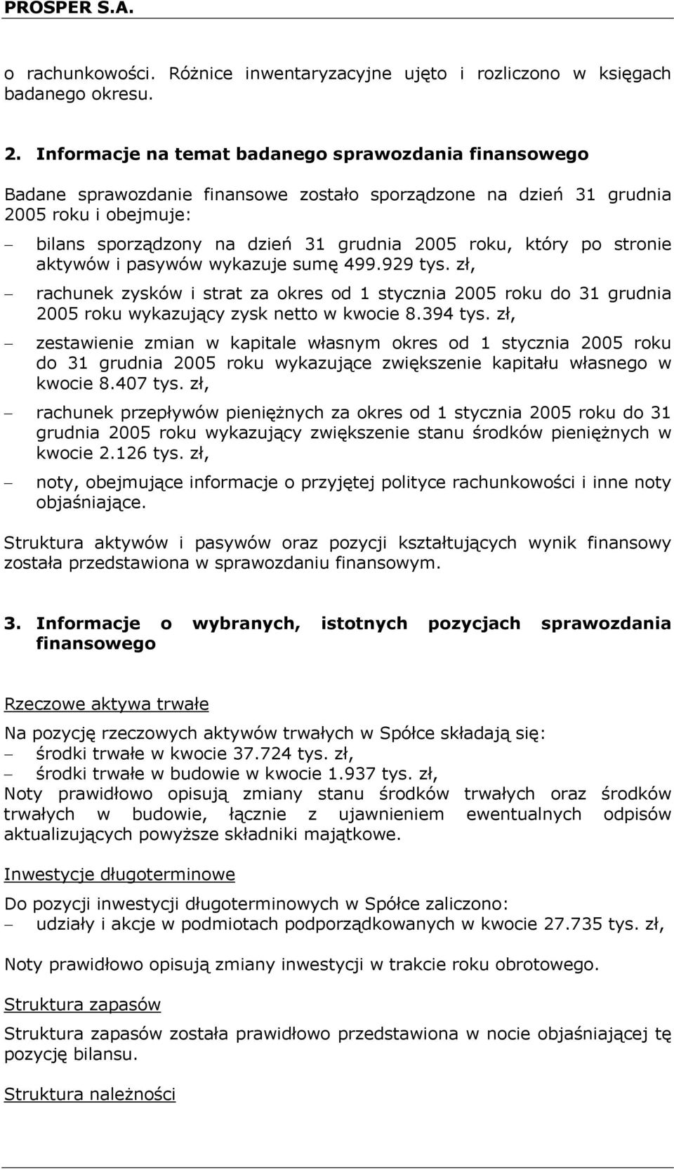 który po stronie aktywów i pasywów wykazuje sumę 499.929 tys. zł, rachunek zysków i strat za okres od 1 stycznia 2005 roku do 31 grudnia 2005 roku wykazujący zysk netto w kwocie 8.394 tys.