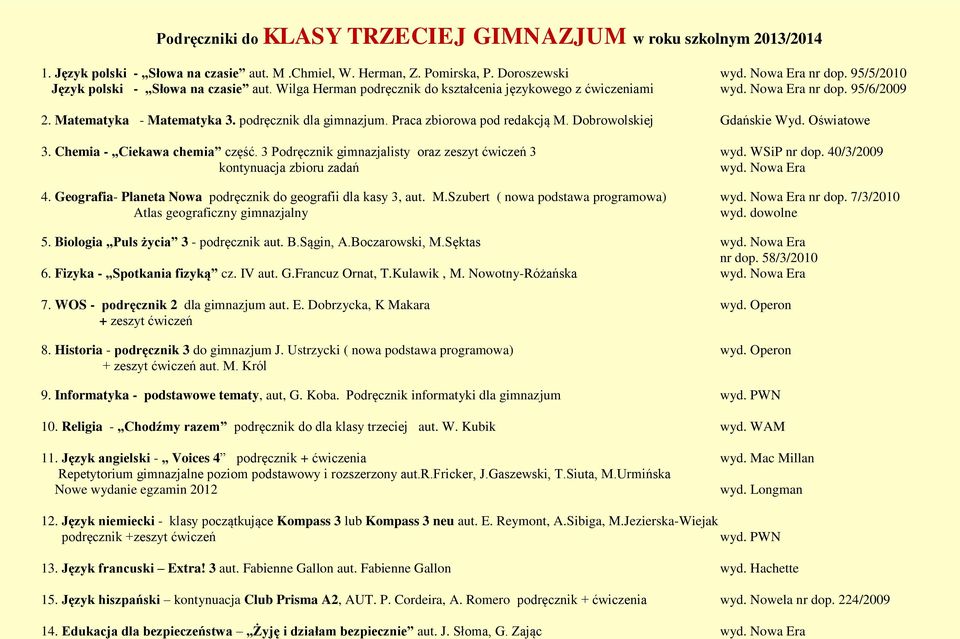 Praca zbiorowa pod redakcją M. Dobrowolskiej Gdańskie Wyd. Oświatowe 3. Chemia - Ciekawa chemia część. 3 Podręcznik gimnazjalisty oraz zeszyt ćwiczeń 3 wyd. WSiP nr dop.