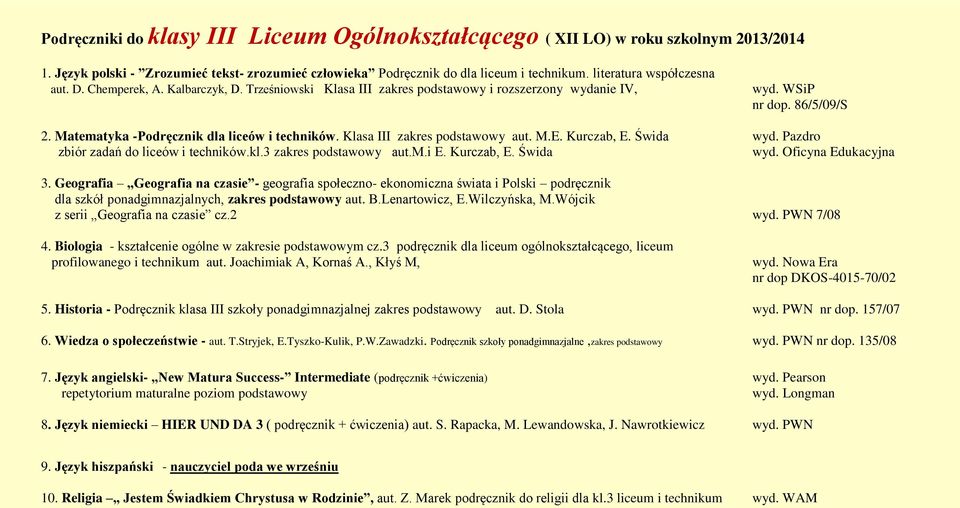 Matematyka -Podręcznik dla liceów i techników. Klasa III zakres podstawowy aut. M.E. Kurczab, E. Świda wyd. Pazdro zbiór zadań do liceów i techników.kl.3 zakres podstawowy aut.m.i E. Kurczab, E. Świda wyd. Oficyna Edukacyjna 3.