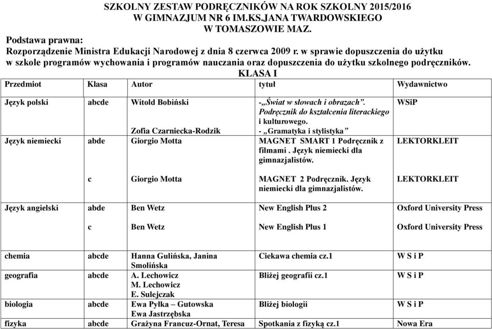 KLASA I Przedmiot Klasa Autor tytuł Wydawnictwo Język polski e Witold Bobiński Język niemiecki abde Giorgio Motta - Świat w słowach i obrazach. Podręcznik do kształcenia literackiego i kulturowego.