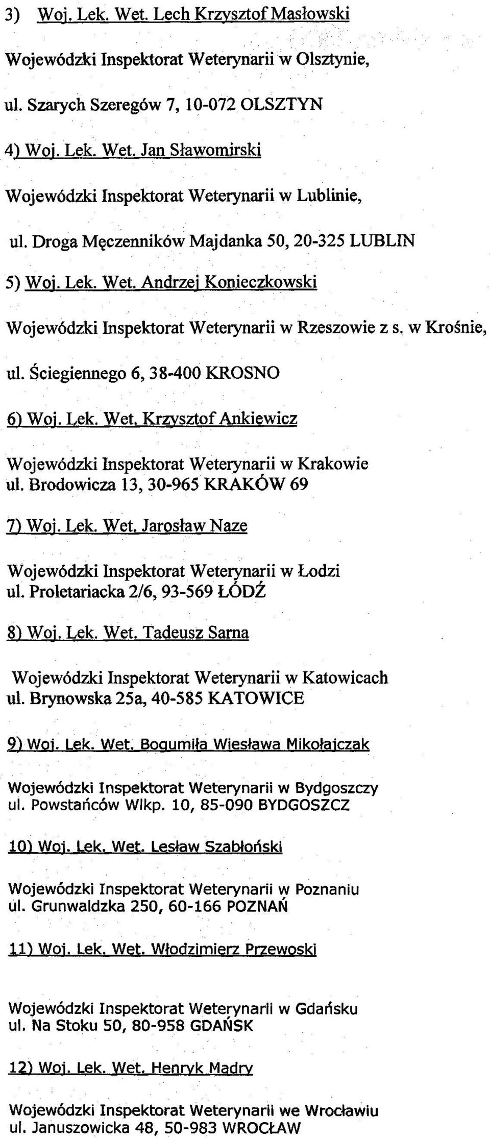 Brodowicza 13, 30-965 KRAKÓW 69 7) Woj. Lek. Wet. Jaros³aw Naze Wojewódzki Inspektorat Weterynarii w odzi ul. Proletariacka 2/6, 93-569 ÓD 8) Woj, Lek. Wet. Tadeusz Sama Wojewódzki Inspektorat Weterynarii w Katowicach ul.