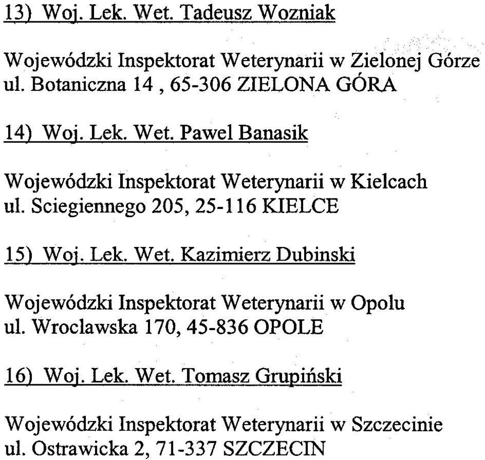 Sciegiennego 205, 25-116 KIELCE 15) Woj. Lek. Wet. Kazimierz Dubinski Wojewódzki Inspektorat Weterynarii w Opolu ul.