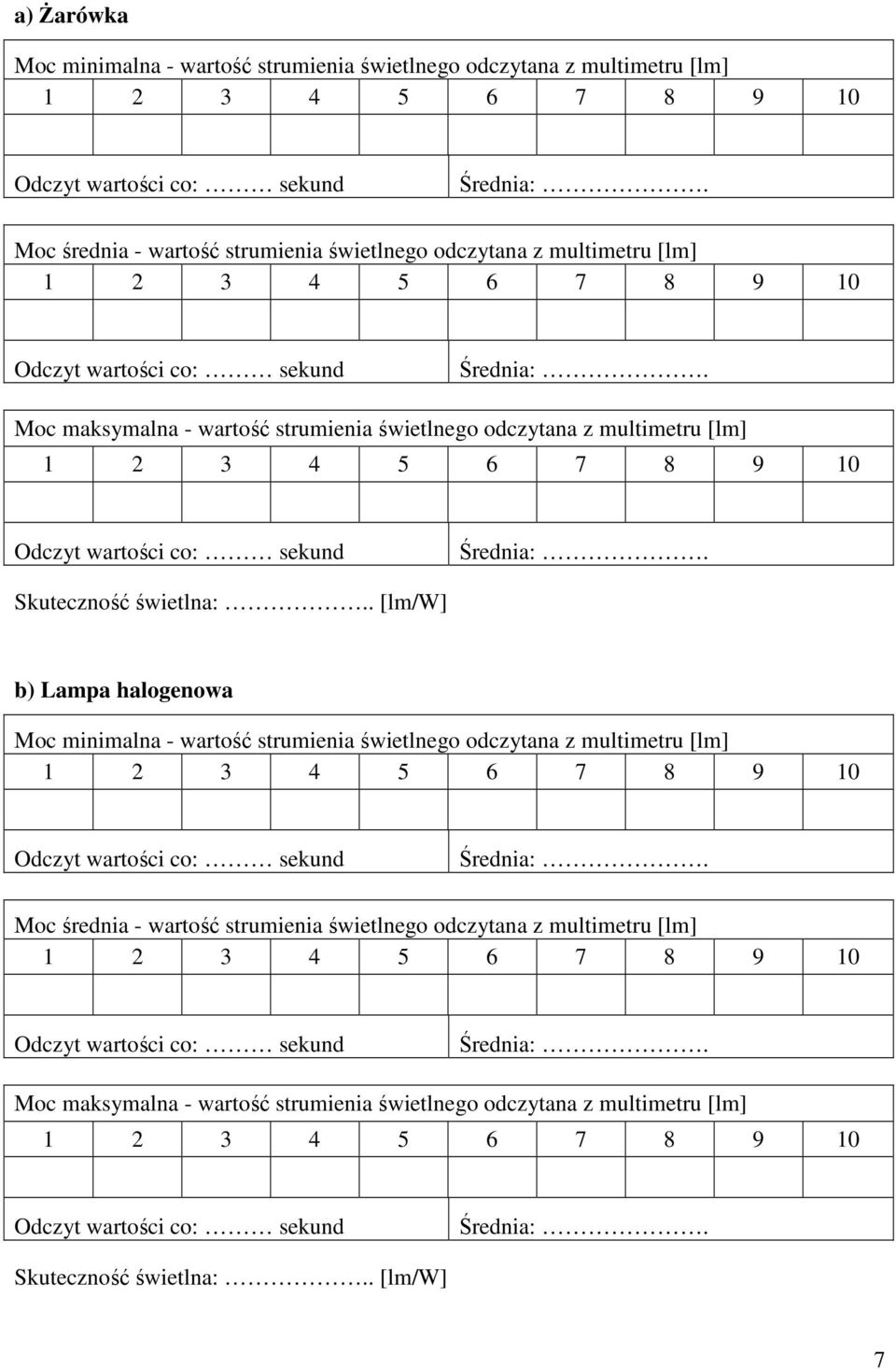 . [lm/w] b) Lampa halogenowa Moc minimalna - wartość strumienia świetlnego odczytana z multimetru [lm] Moc średnia - wartość