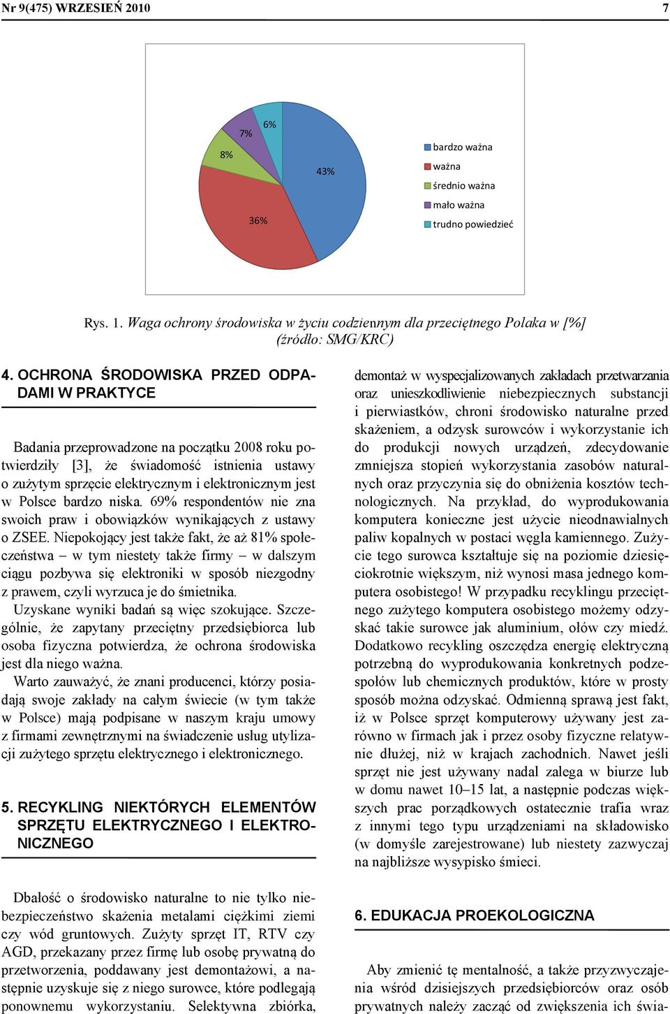 OCHRONA ŚRODOWISKA PRZED ODPA- DAMI W PRAKTYCE Badania przeprowadzone na początku 2008 roku potwierdziły [3], że świadomość istnienia ustawy o zużytym sprzęcie elektrycznym i elektronicznym jest w