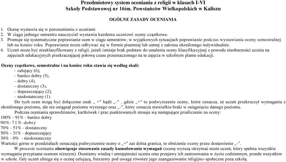 Promuje się systematyczne poprawianie ocen w ciągu semestrów; w wyjątkowych sytuacjach poprawianie podczas wystawiania oceny semestralnej lub na koniec roku.