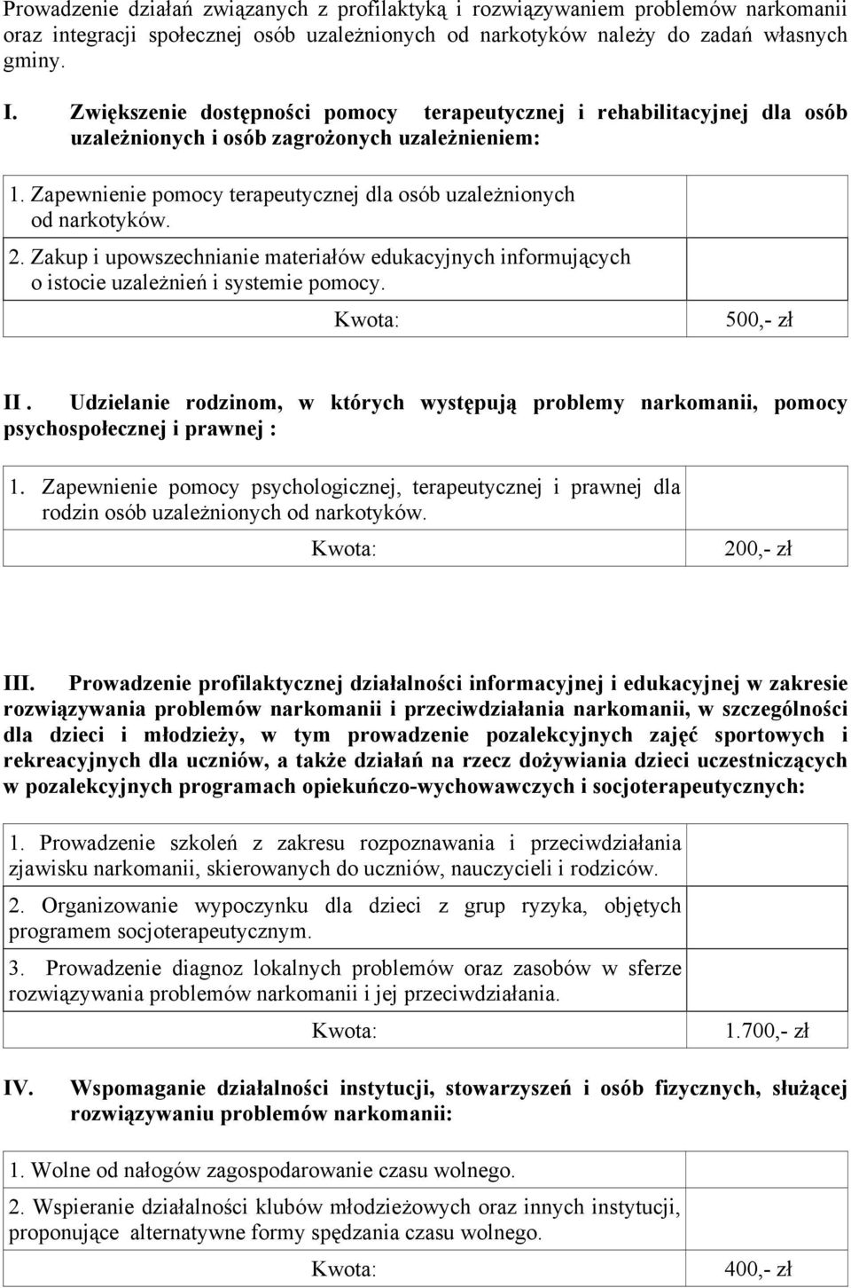 Zakup i upowszechnianie materiałów edukacyjnych informujących o istocie uzależnień i systemie pomocy. 500,- zł II.