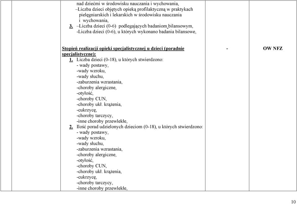 Liczba dzieci (0-18), u których stwierdzono: - wady postawy, -wady wzroku, -wady słuchu, -zaburzenia wzrastania, -choroby alergiczne, -otyłość, -choroby CUN, -choroby ukł.