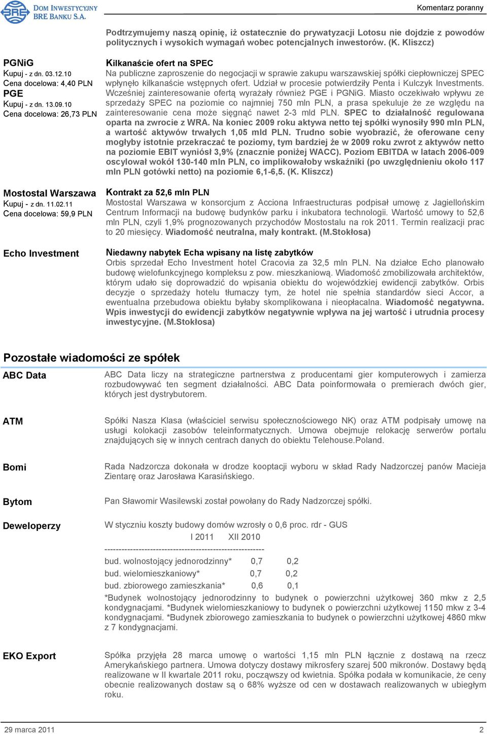 11 Cena docelowa: 59,9 PLN Echo Investment Kilkanaście ofert na SPEC Na publiczne zaproszenie do negocjacji w sprawie zakupu warszawskiej spółki ciepłowniczej SPEC wpłynęło kilkanaście wstępnych