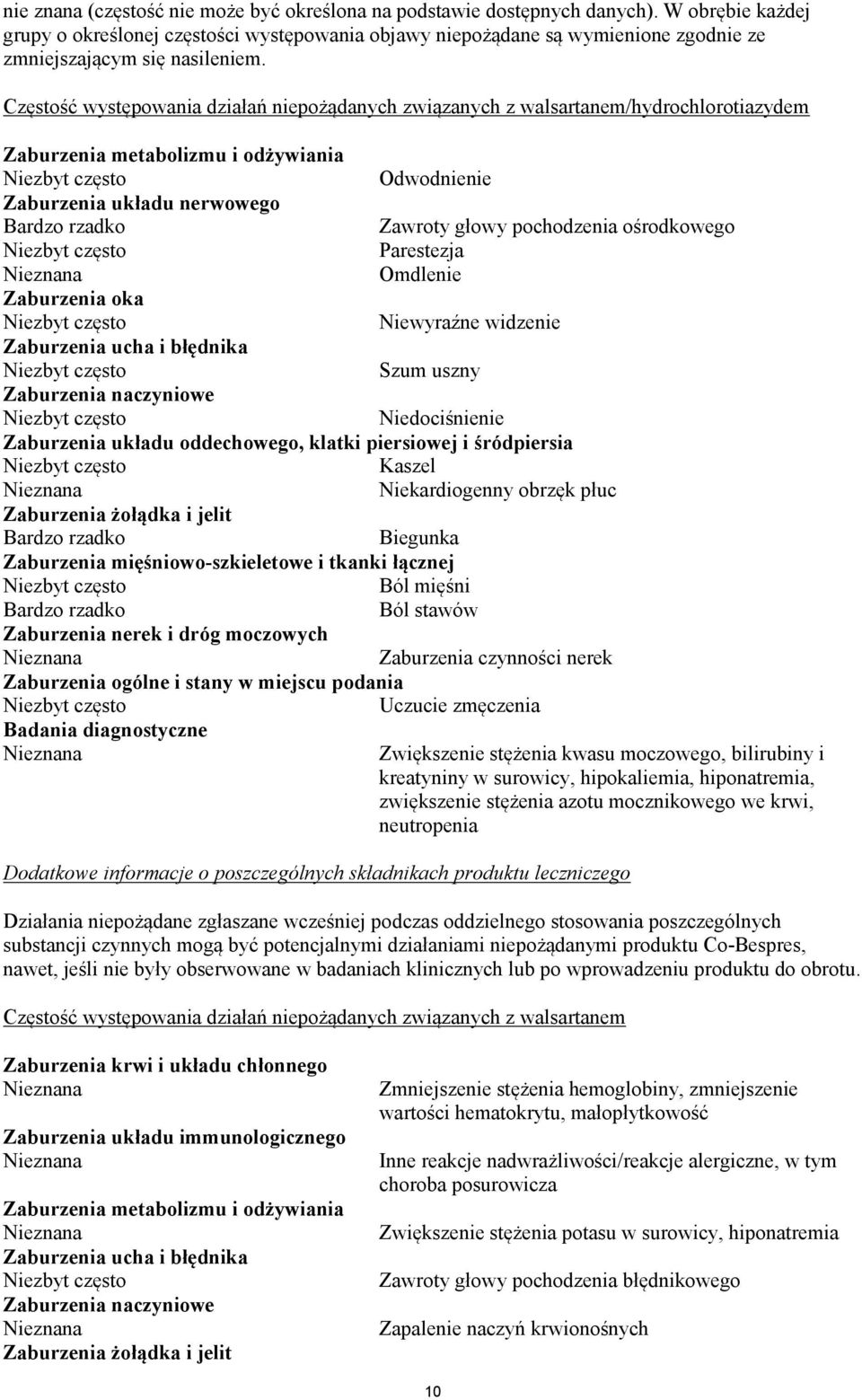 Częstość występowania działań niepożądanych związanych z walsartanem/hydrochlorotiazydem Zaburzenia metabolizmu i odżywiania Niezbyt często Odwodnienie Zaburzenia układu nerwowego Bardzo rzadko