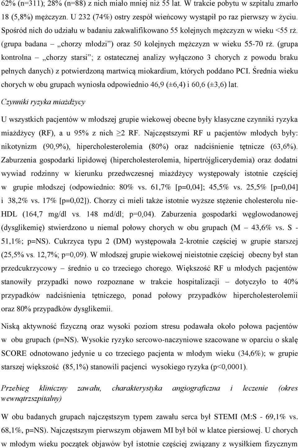 (grupa kontrolna chorzy starsi ; z ostatecznej analizy wyłączono 3 chorych z powodu braku pełnych danych) z potwierdzoną martwicą miokardium, których poddano PCI.