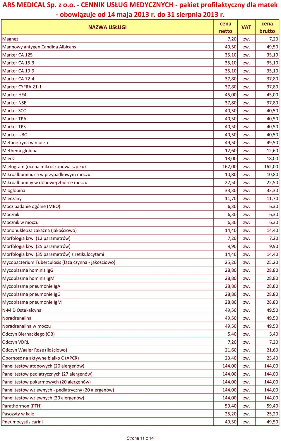 40,50 Metanefryna w moczu 49,50 zw. 49,50 Methemoglobina 12,60 zw. 12,60 Miedź 18,00 zw. 18,00 Mielogram (o mikroskopowa szpiku) 162,00 zw. 162,00 Mikroalbuminuria w przypadkowym moczu 10,80 zw.