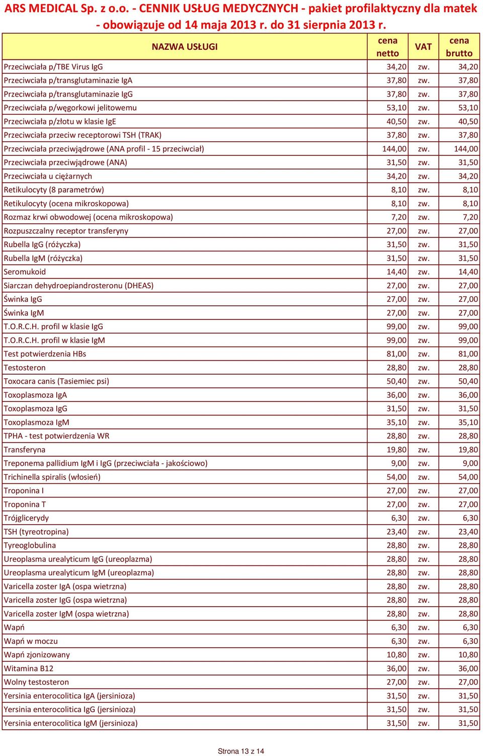 144,00 Przeciwciała przeciwjądrowe (ANA) 31,50 zw. 31,50 Przeciwciała u ciężarnych 34,20 zw. 34,20 Retikulocyty (8 parametrów) 8,10 zw. 8,10 Retikulocyty (o mikroskopowa) 8,10 zw.